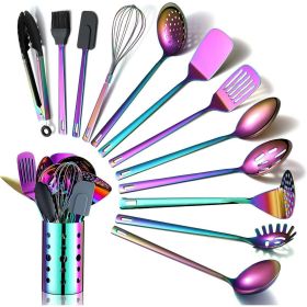 Rainbow Kitchen Utensils Set; 13-Piece Stainless Steel Cooking Utensils Set; Rainbow Cookware Kitchen Set With Utensil Holder For Non-Stick