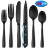 Silverware Set; Flatware Sets with Steak Knives; Flatware 24 Piece Set Food-Grade Stainless Steel Black Silverware Sets