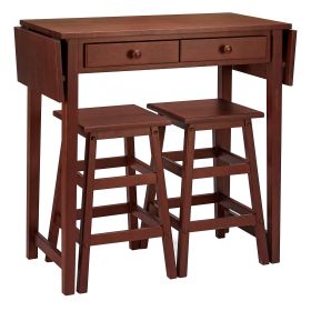 3 Piece Handcrafted Kitchen Island Breakfast Table Set; 2 Drawers; Rubberwood; Stools; Walnut Brown