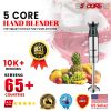 5 Core Immersion Portable Hand Blender 5-In-1 500W Handheld 8 Variable Powerful Stainless Steel with Electric Whisker;  2-Blades 860ml Food Processor;