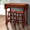 3 Piece Handcrafted Kitchen Island Breakfast Table Set; 2 Drawers; Rubberwood; Stools; Walnut Brown