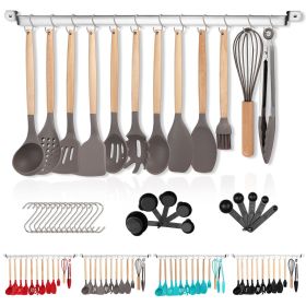 Silicone Kitchen Utensils Set 38 Pieces; Non-Stick Cooking Utensils Set with Muti-Use Hooks and Utensil Racks (Color: Gray, Material: wood, plastic)