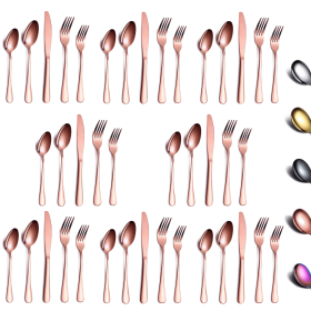 40 Piece Black Silverware Set Stainless Steel Titanium Black Plated Cutlery Set Spoon and Fork Cutlery Set Serving 8 Pieces (Color: Titanium Copper, Material: Stainless steel)